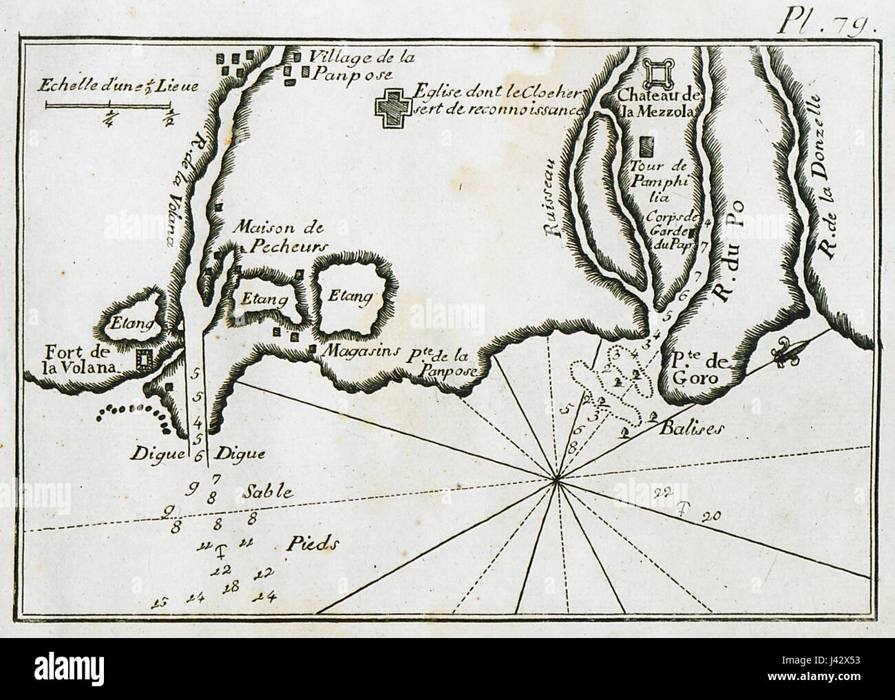 Cette carte de Roux Joseph de 1804 illustre le détroit de la Volane et les rivières du Pô à la frontière entre Ferrare et Vénétie. Il offre un aperçu du système fluvial et des limites géographiques au début du XIXe siècle. Banque D'Images