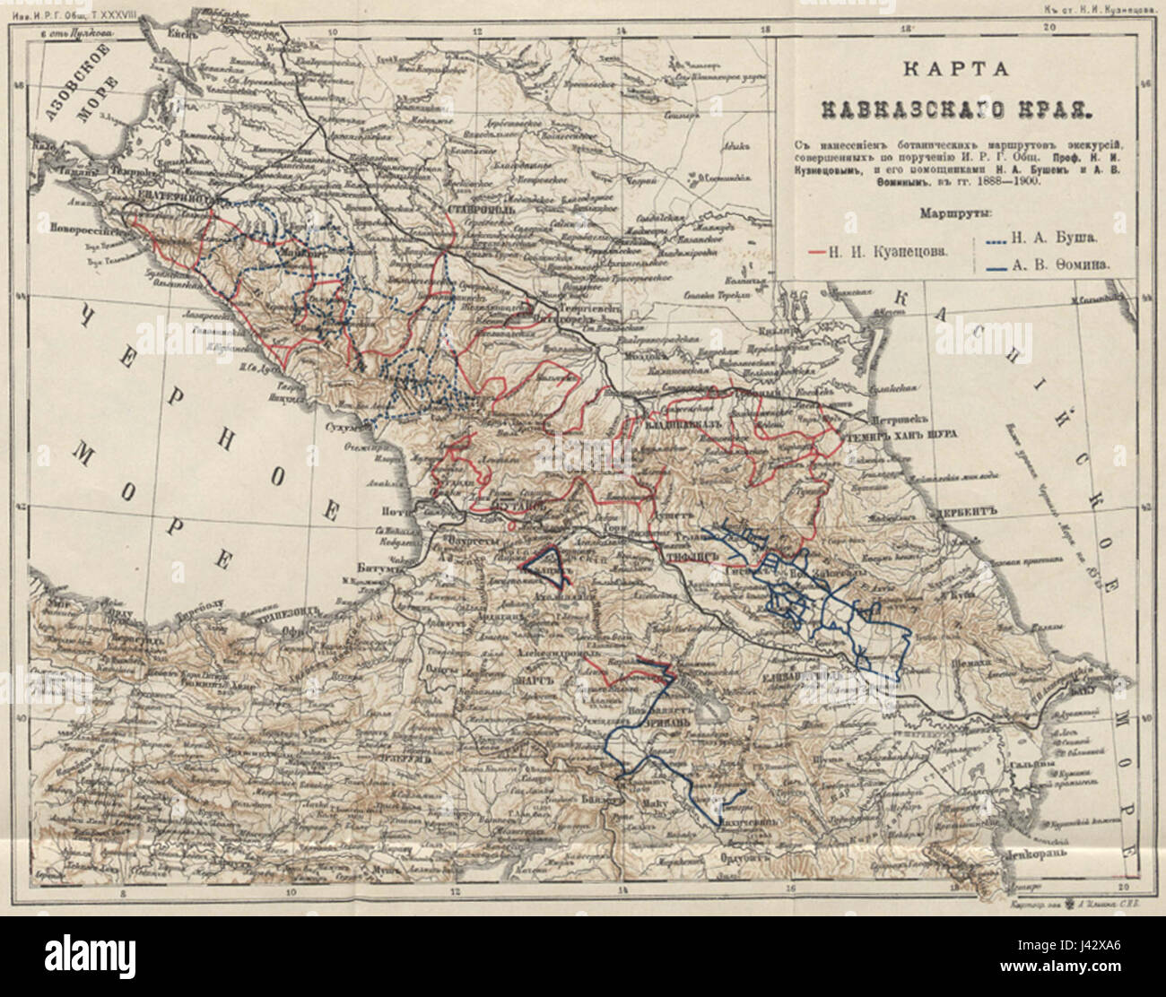 La carte du Caucase expéditions botaniques de N I Kuznetsov, N A Busch & UN V Fomin 1888 90 Banque D'Images