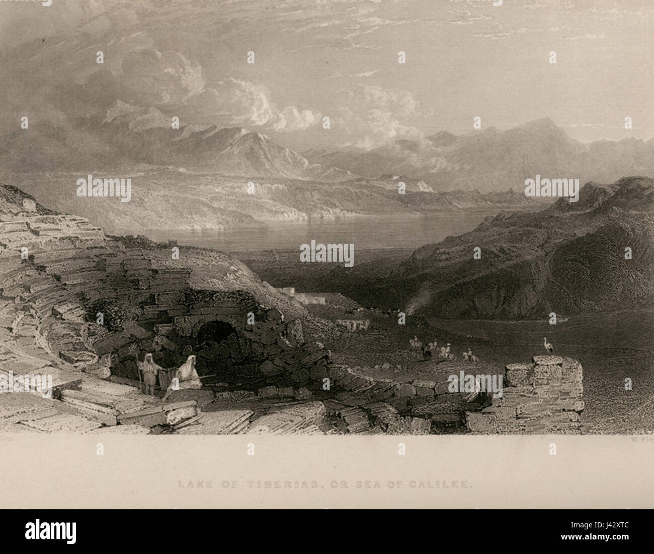 Une image ou un récit historique lié au lac de Tibériade, également connu sous le nom de mer de Galilée, dans une perspective de 1836 par John Carne, dépeignant l'importance de la région. Banque D'Images