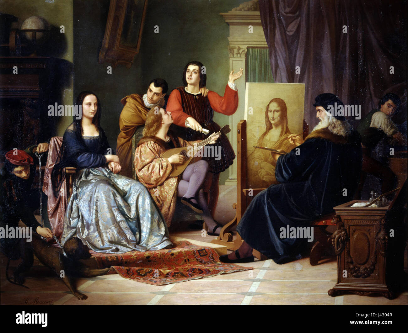 La représentation de Léonard de Vinci par Cesare Maccari en train de peindre la Joconde capture un moment de l'histoire où l'artiste immortalise son portrait le plus célèbre. Le travail de Maccari reflète une scène riche en signification artistique et historique, se concentrant sur le processus de création de l'une des peintures les plus reconnues de worldâ€ ™. Banque D'Images
