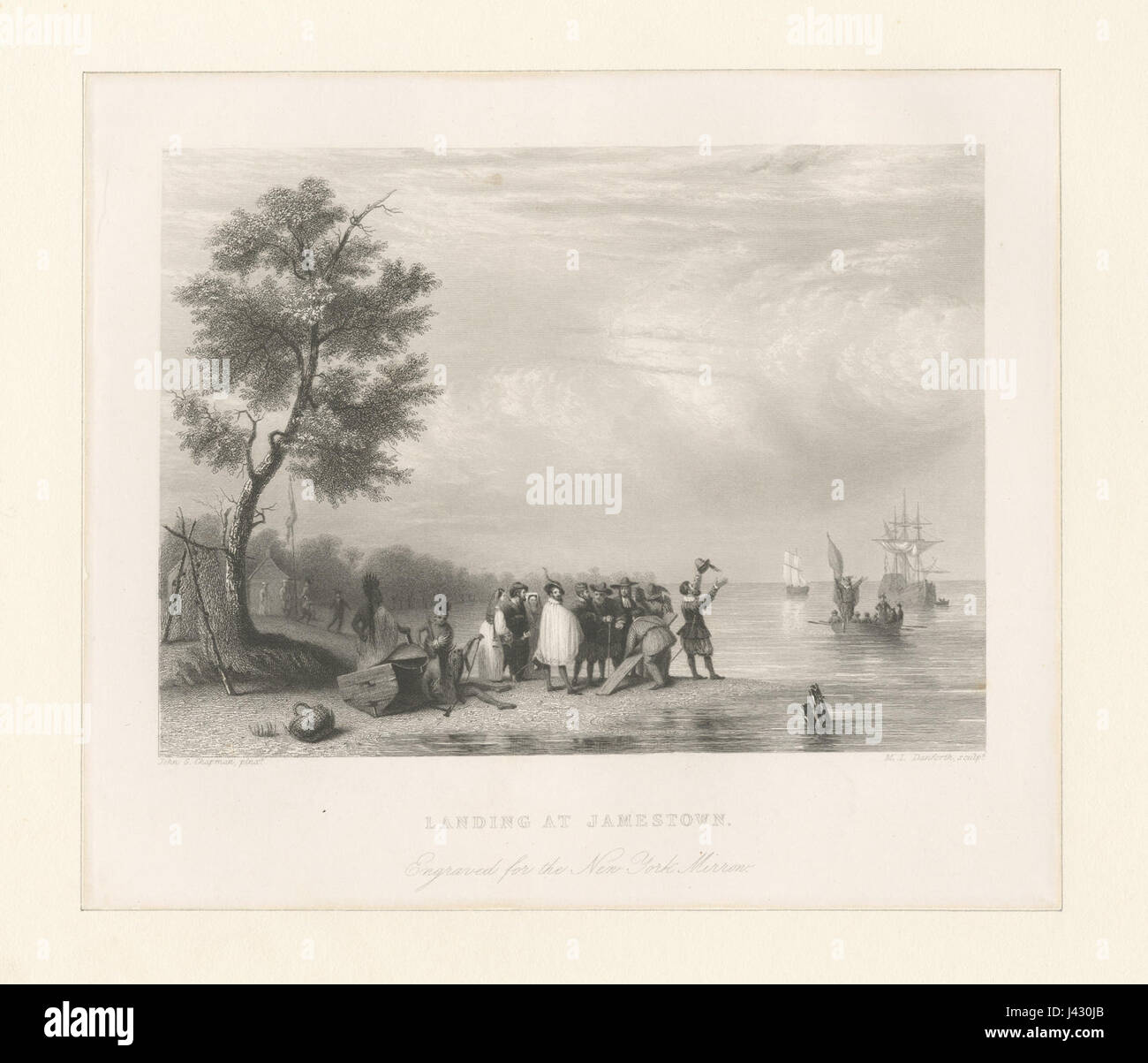 L'image intitulée « débarquement à Jamestown » capture un moment historique de la création de Jamestown, en Virginie, la première colonie anglaise permanente en Amérique du Nord. Il illustre les débuts de l'histoire coloniale des États-Unis. Banque D'Images