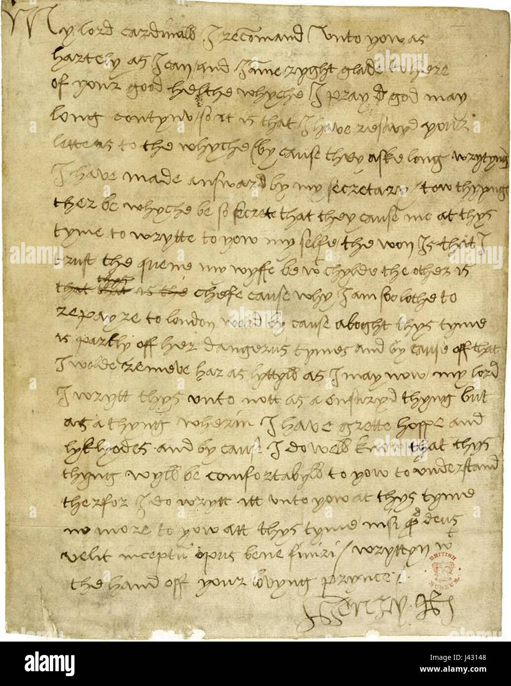 Cette lettre historique du roi Henri VIII au cardinal Wolsey, datée de juin 1518, offre un aperçu de la correspondance politique entre la monarchie anglaise et ses conseillers au début du XVIe siècle. Banque D'Images