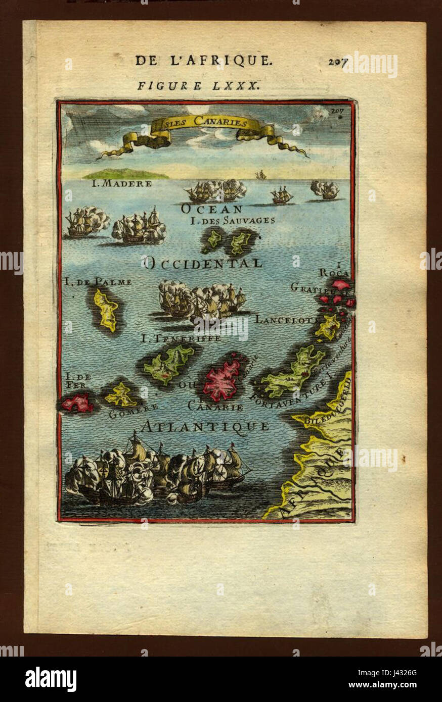 Cette carte de 1683 des îles Canaries offre une vue détaillée de l'archipel au large de la côte nord-ouest de l'Afrique. Il met en évidence les caractéristiques géographiques et les îles clés de la région à la fin du XVIIe siècle. Banque D'Images