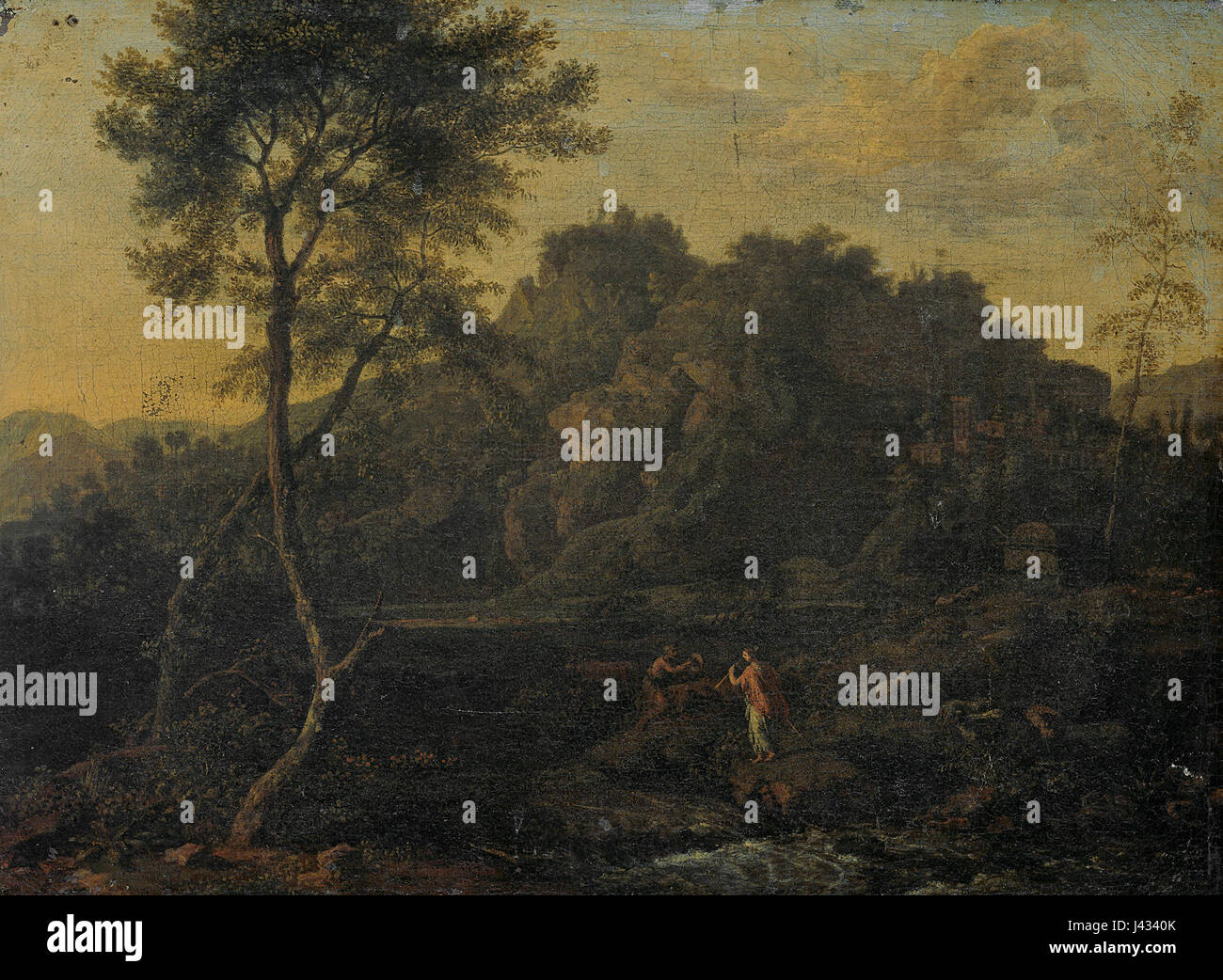 Le tableau 'Landschap met Apollo en Kalliope' de 1839, installé dans le Rijksmuseum, présente les dieux grecs Apollon et Kalliope dans un cadre paysager. L'œuvre capture la mythologie classique, dépeignant les dieux dans un environnement naturaliste, mettant en valeur le souci du détail et les influences classiques de artistâ€™. Banque D'Images