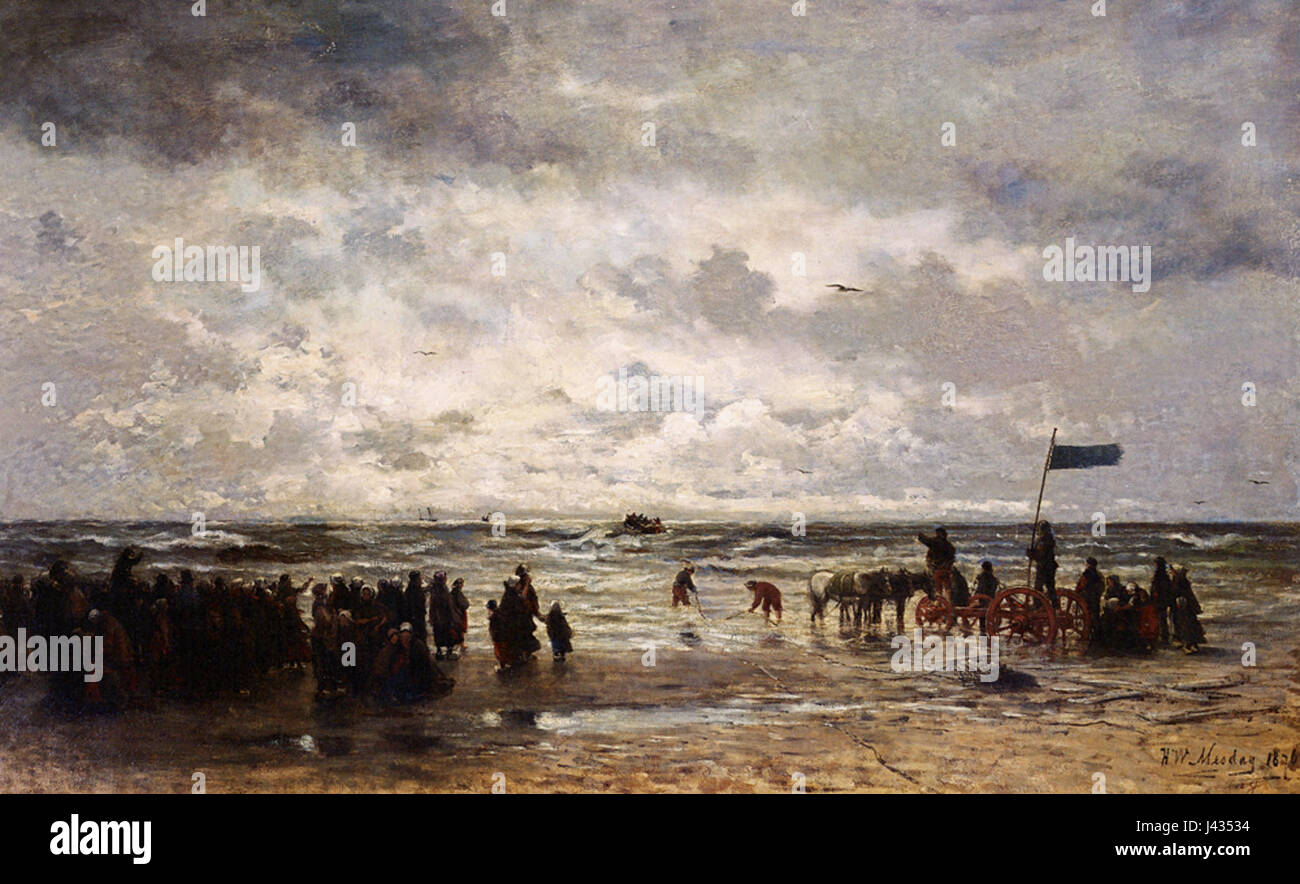 « Le départ du bateau de sauvetage » de Hendrik Willem Mesdag est un paysage marin spectaculaire, représentant un canot de sauvetage partant en mission de sauvetage. La peinture met en valeur l'expertise de Mesdag dans l'art marin et sa capacité à capturer des scènes dynamiques de la mer. Banque D'Images