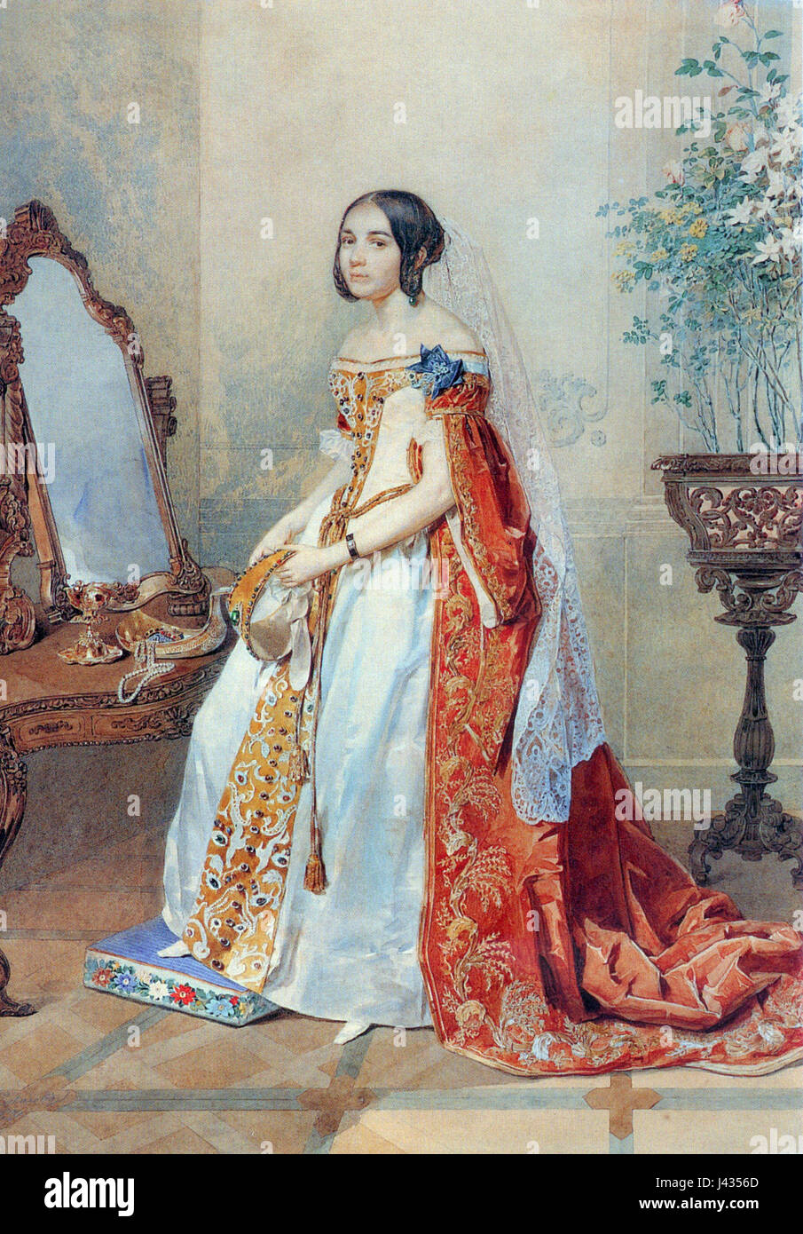 Portrait de M.P. Kikina en robe de cour, peint par P. Sokolov en 1839. L'œuvre est conservée dans la galerie Tretiakov, reflétant la grandeur de la mode et du style de la cour russe au XIXe siècle. Banque D'Images