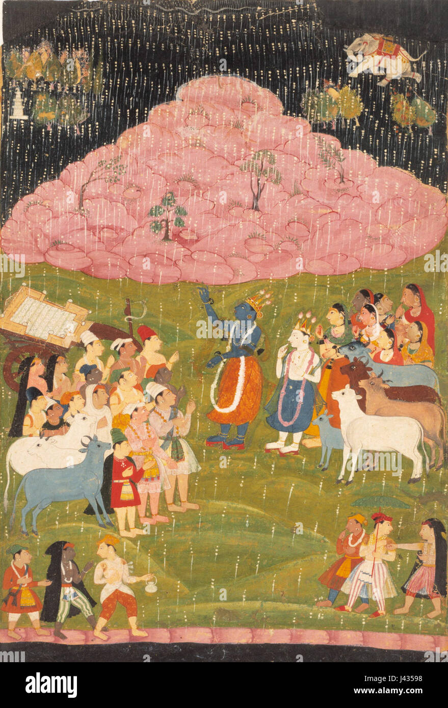 Krishna soulevant le mont Govardhan, Bhagavata Purana,ca 1640 Banque D'Images