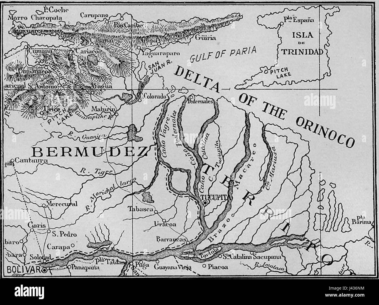 Cette carte, publiée en 1897, représente le cours inférieur de l'Orénoque en Amérique du Sud, en mettant en évidence ses caractéristiques géographiques, les zones environnantes et les points de repère importants le long du trajet du fleuve. Banque D'Images