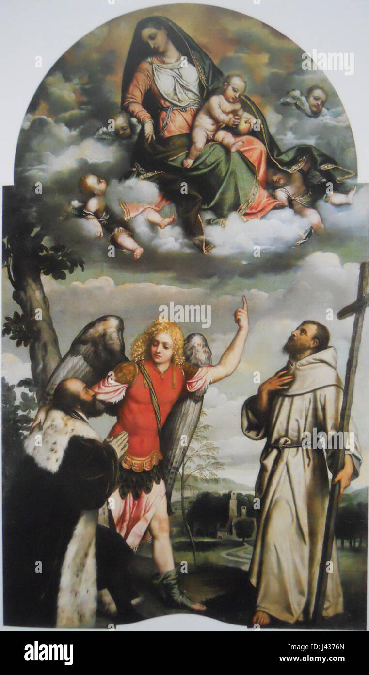 Madonna col bambino dans gloria con san Francesco e San Michele Arcangelo che presenta un donatore Banque D'Images