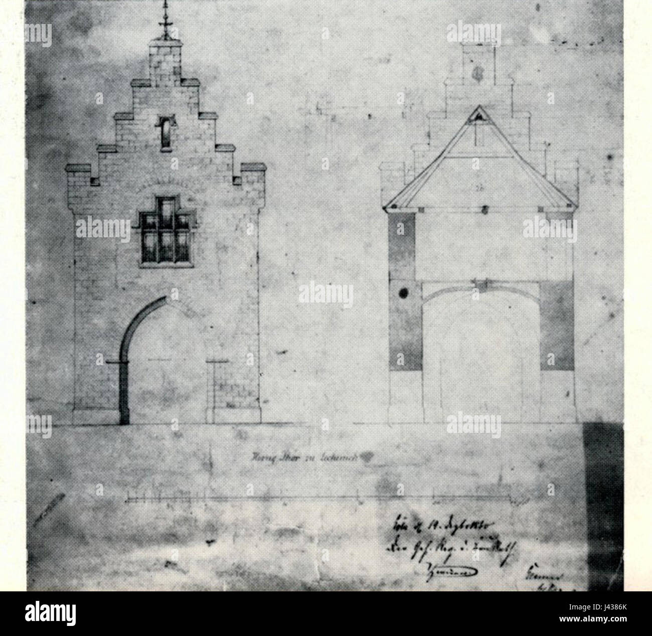 Ce dessin de Zwirner de 1860 représente la Herriger Tor, une porte historique à Lechenich, en Allemagne. C'est un exemple significatif de planification architecturale du XIXe siècle et donne un aperçu des structures historiques de la ville. Banque D'Images