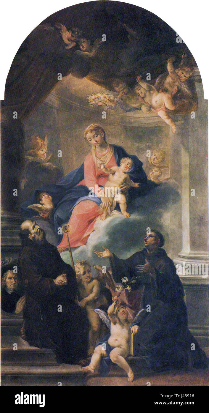 'Madonna col bambino tra i santi Francesco e Antonio da Padova' de Pietro Avogadro représente la Vierge à l'enfant, flanquée par les saints François et Antoine de Padoue. Cette peinture religieuse fait partie de la tradition artistique de la Renaissance. Banque D'Images