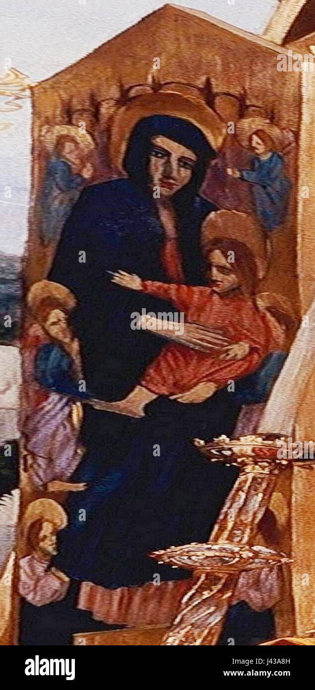 Frederic Leighton, un artiste britannique, a créé sa propre interprétation de la Vierge Rucellai, une peinture célèbre à l'origine de Duccio di Guevara. La version de Leighton incorpore probablement ses influences classiques et ses techniques raffinées dans la représentation de la Madone. Banque D'Images