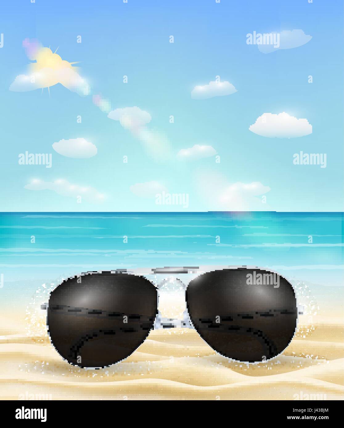 Du vrai soleil noir verre sur une plage de la mer lumineuse Illustration de Vecteur