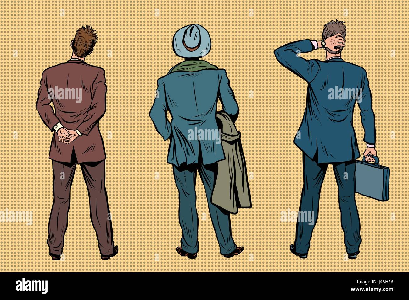 Trois retro businessman standing back Illustration de Vecteur