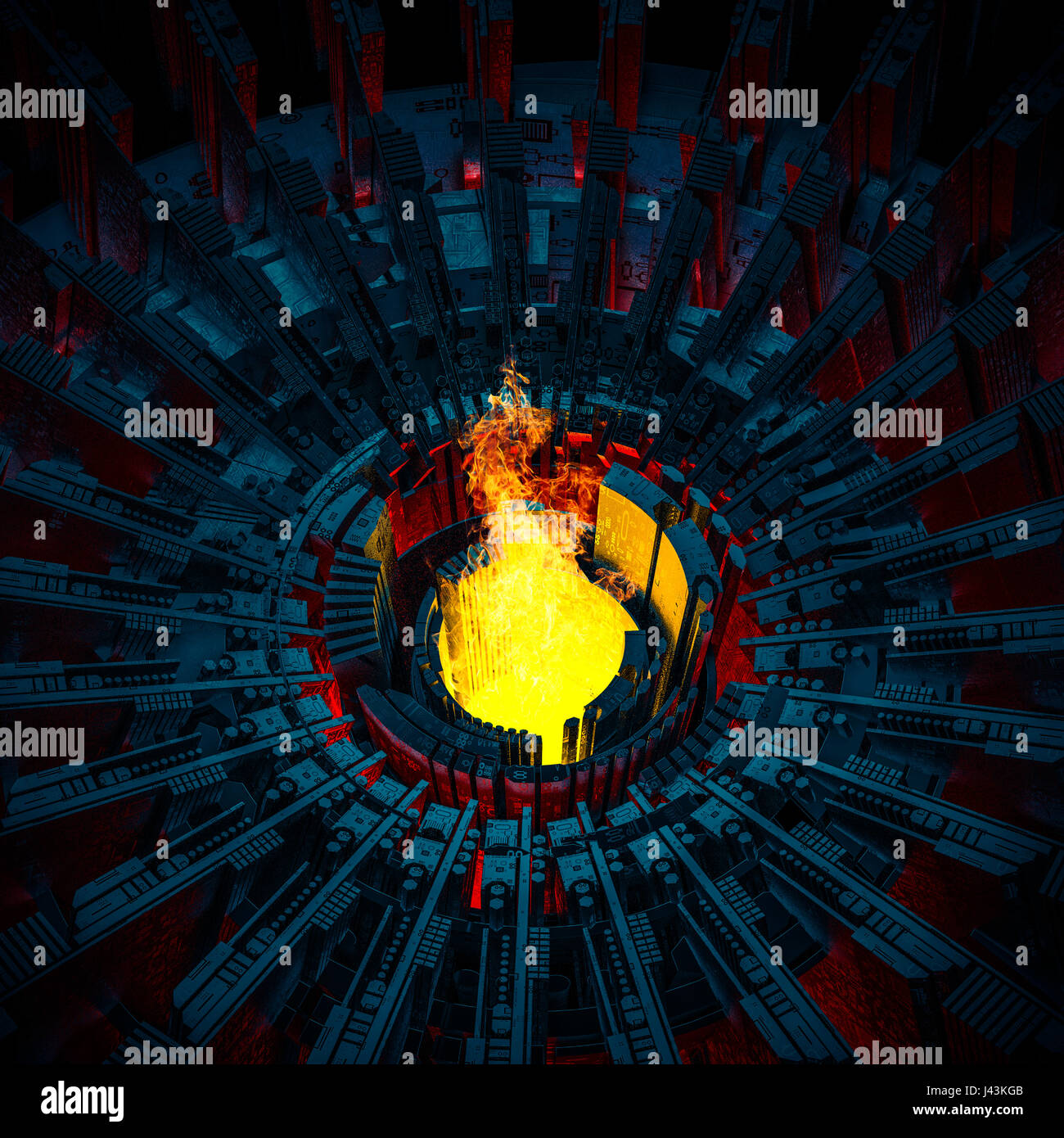 Fournaise ardente, concept / 3D illustration de raging flammes passant de scifi forge industrielle Banque D'Images