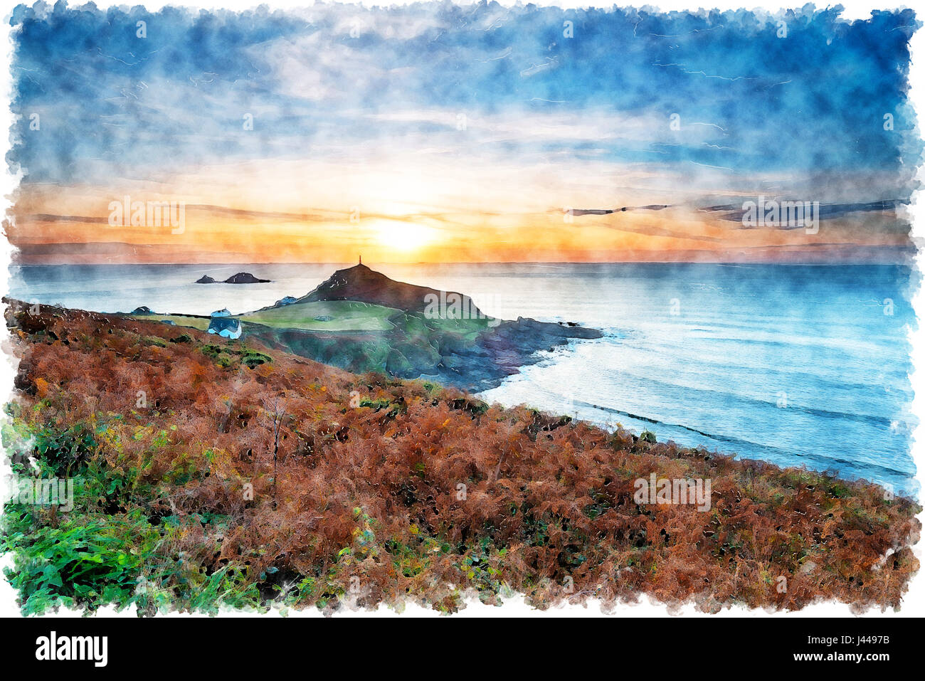 L'aquarelle d'un coucher de soleil sur le cap de la Cornwall South West Coast Path sur la côte de Cornouailles Banque D'Images