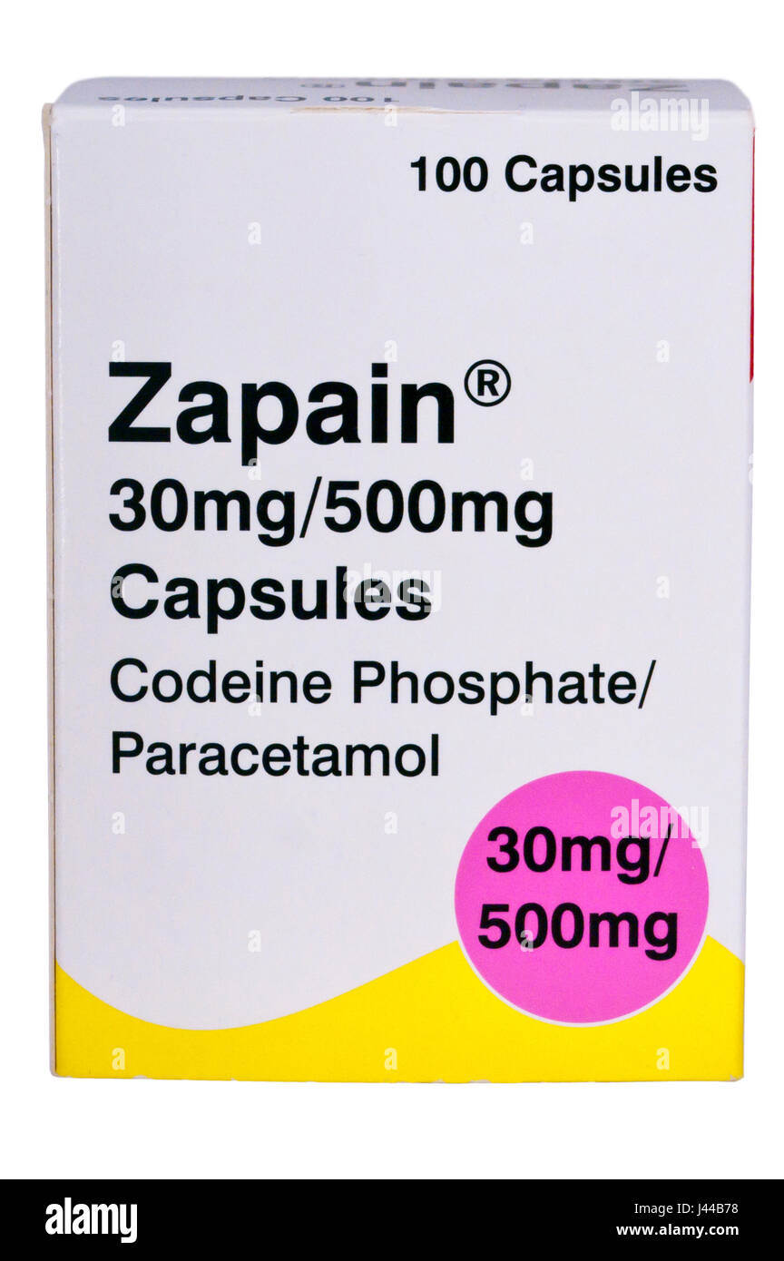 Boîte de 100 Zapain 30mg 500mg Capsules phosphate de codéine ANALGÉSIQUES  Paracétamol Photo Stock - Alamy