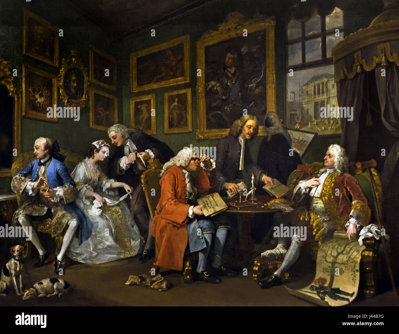 Un mariage-la-Mode : 1, le Règlement 1743 Mariage William Hogarth, 1697 - 1764, France, Français, Britanniques, la Grande-Bretagne, ( l'histoire débute en l'hôtel particulier du comte gaspiller qui est l'organisation de se marier son fils à la fille d'un riche marchand de la ville moyenne mais. Il se termine par le meurtre du fils et le suicide de la fille. ) Banque D'Images