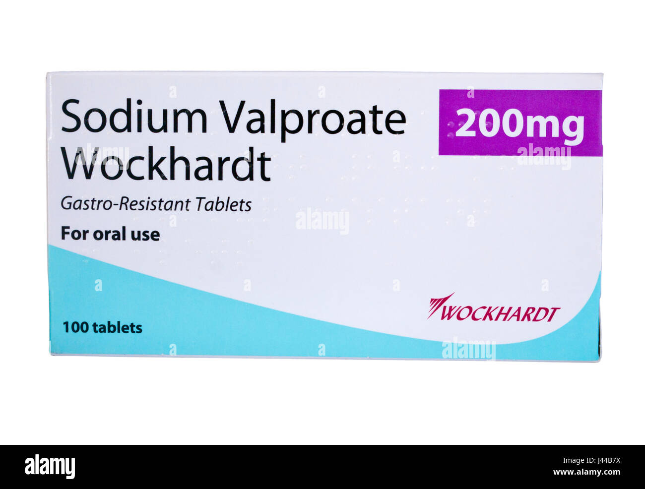 Boîte de 100 comprimés de 200mg de valproate de sodium gastro-résistantes Produits Wockhardt Banque D'Images