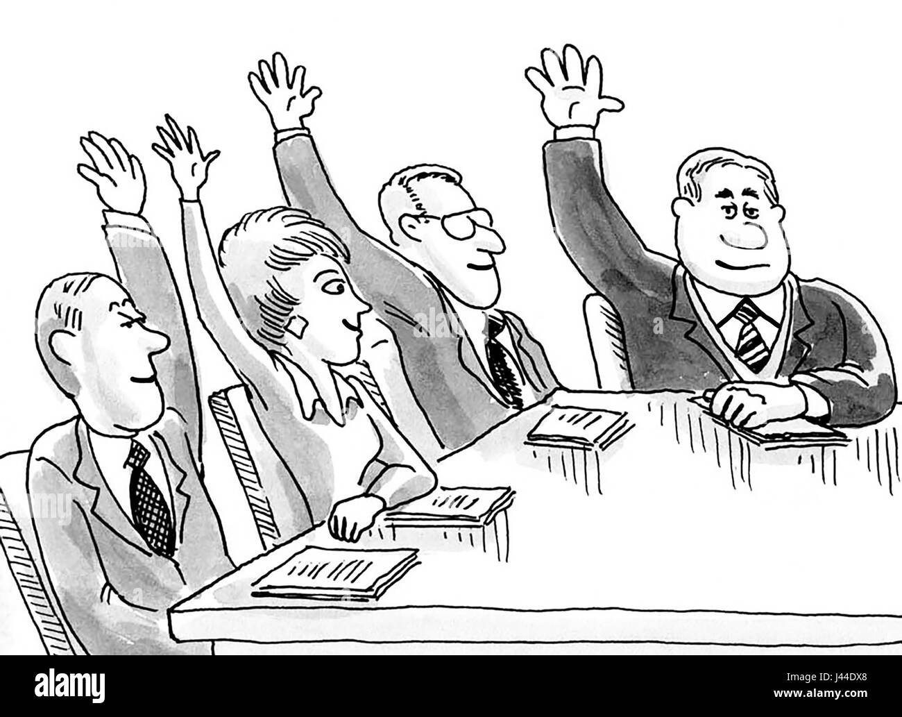 Cartoon illustration montrant les gens d'affaires lors d'une réunion avec leurs bras levés. Banque D'Images