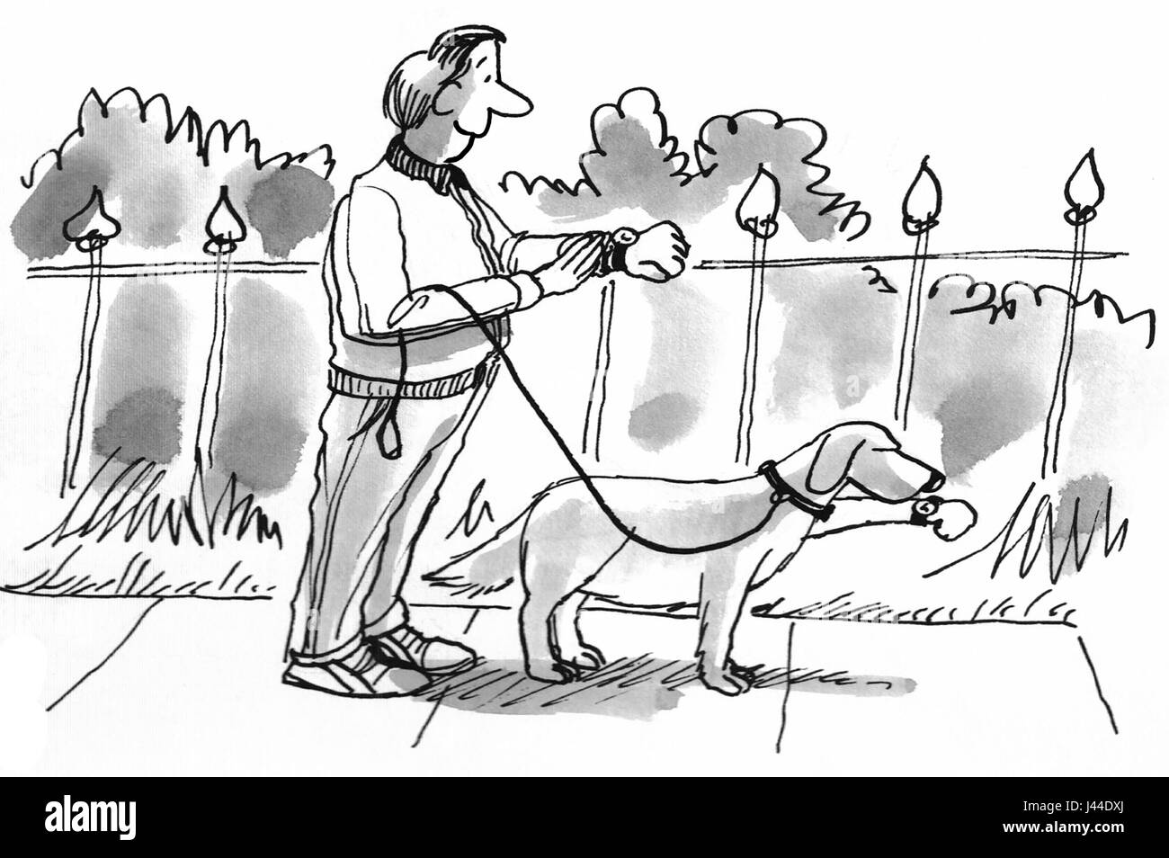 Cartoon illustration d'un homme et son chien pour une course chronométrée. Banque D'Images