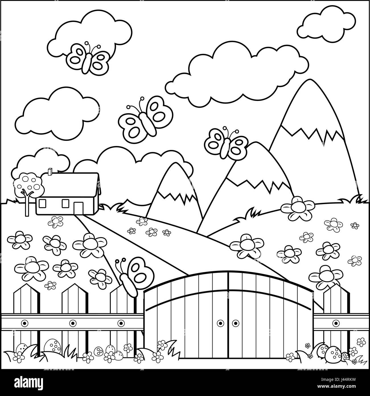 Petite maison de campagne, prairie et clôture en bois. Joli paysage de ferme printanière avec maison de ferme, fleurs et papillons. Page de livre de coloriage Illustration de Vecteur