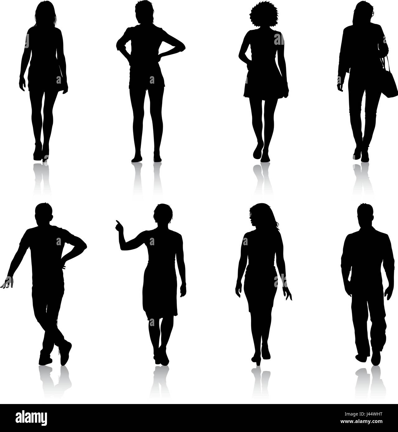 Silhouette noire groupe de personnes debout dans diverses poses Illustration de Vecteur