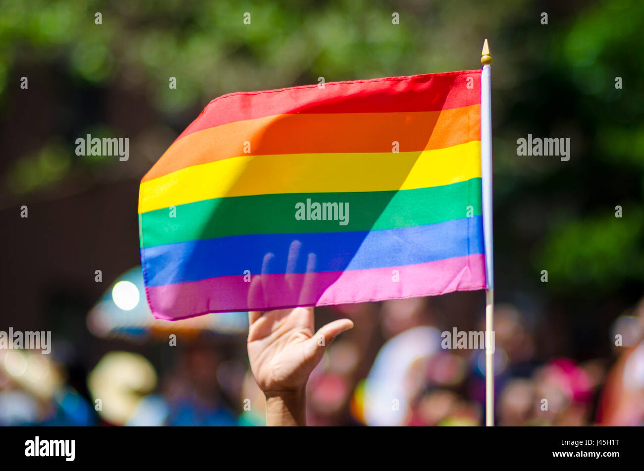 Une main d'appui forme derrière un drapeau arc-en-ciel en marge d'une gay pride parade d'été Banque D'Images