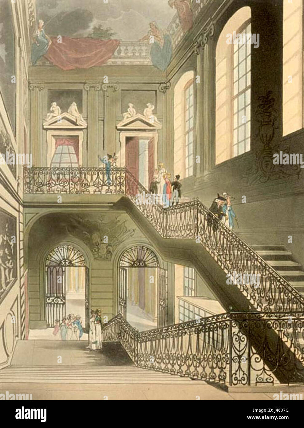 Cette image de 1808 représente la Maison Montagu, qui fait maintenant partie du British Museum. L'escalier et le hall sont représentés dans le cadre de l'architecture néoclassique, mettant en valeur une période significative de conception et de construction au début du XIXe siècle. Banque D'Images