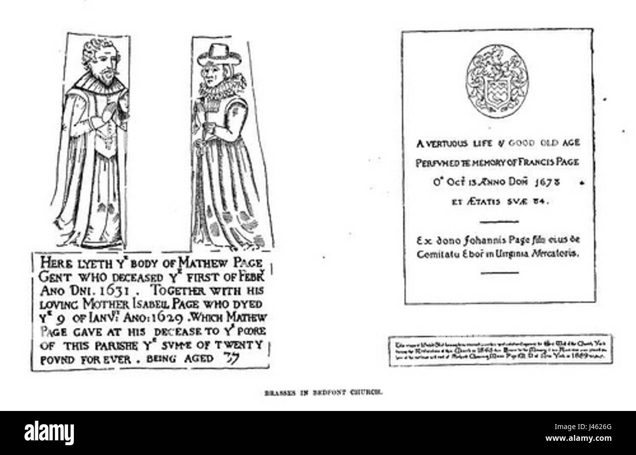 Une collection de mémoriaux en laiton dédiés à la famille page située à Bedfont Church en Angleterre, mettant en valeur la tradition artistique des mémoriaux anglais. Banque D'Images