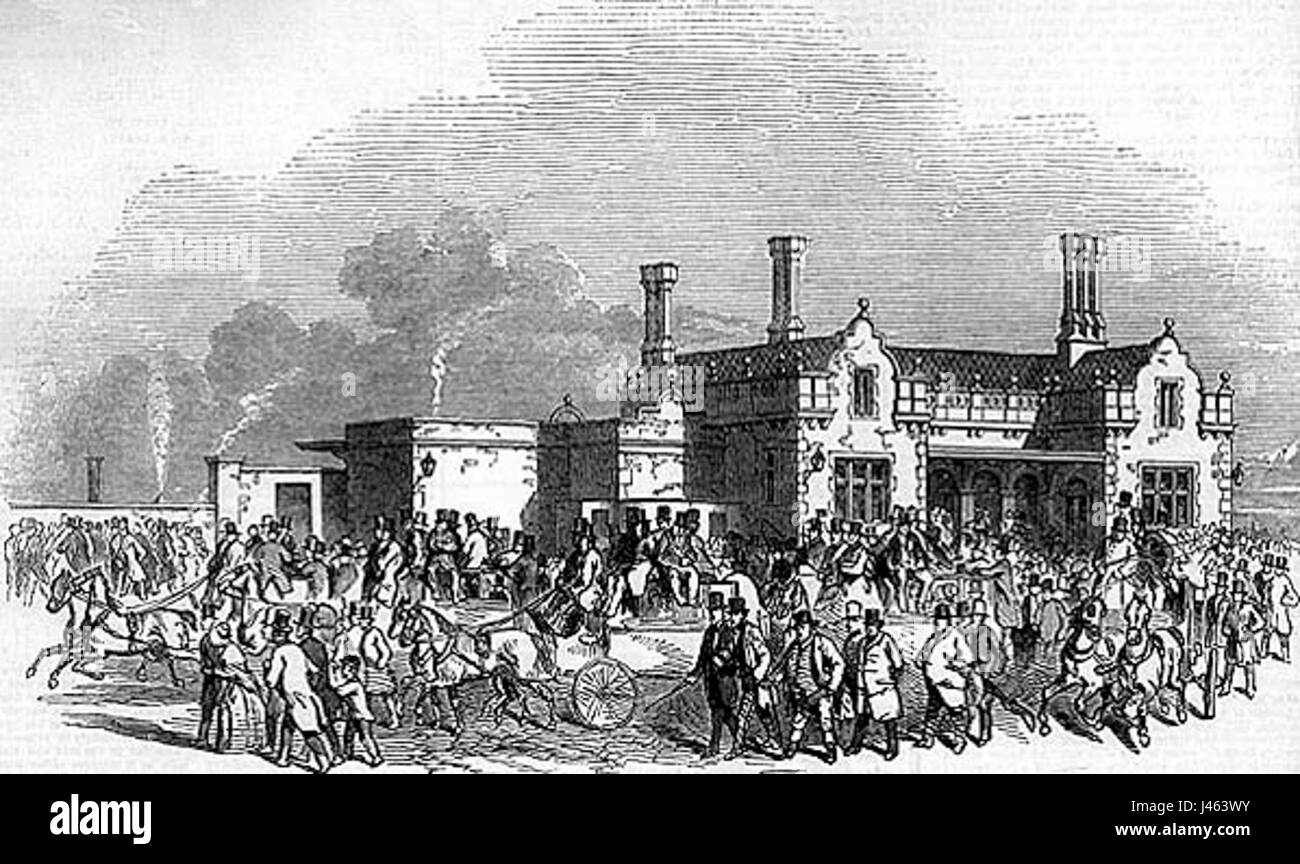 La gravure de la gare de Northampton Bridge Street capture une vue historique de la gare, mettant en valeur son architecture et ses opérations ferroviaires au XIXe siècle. Banque D'Images