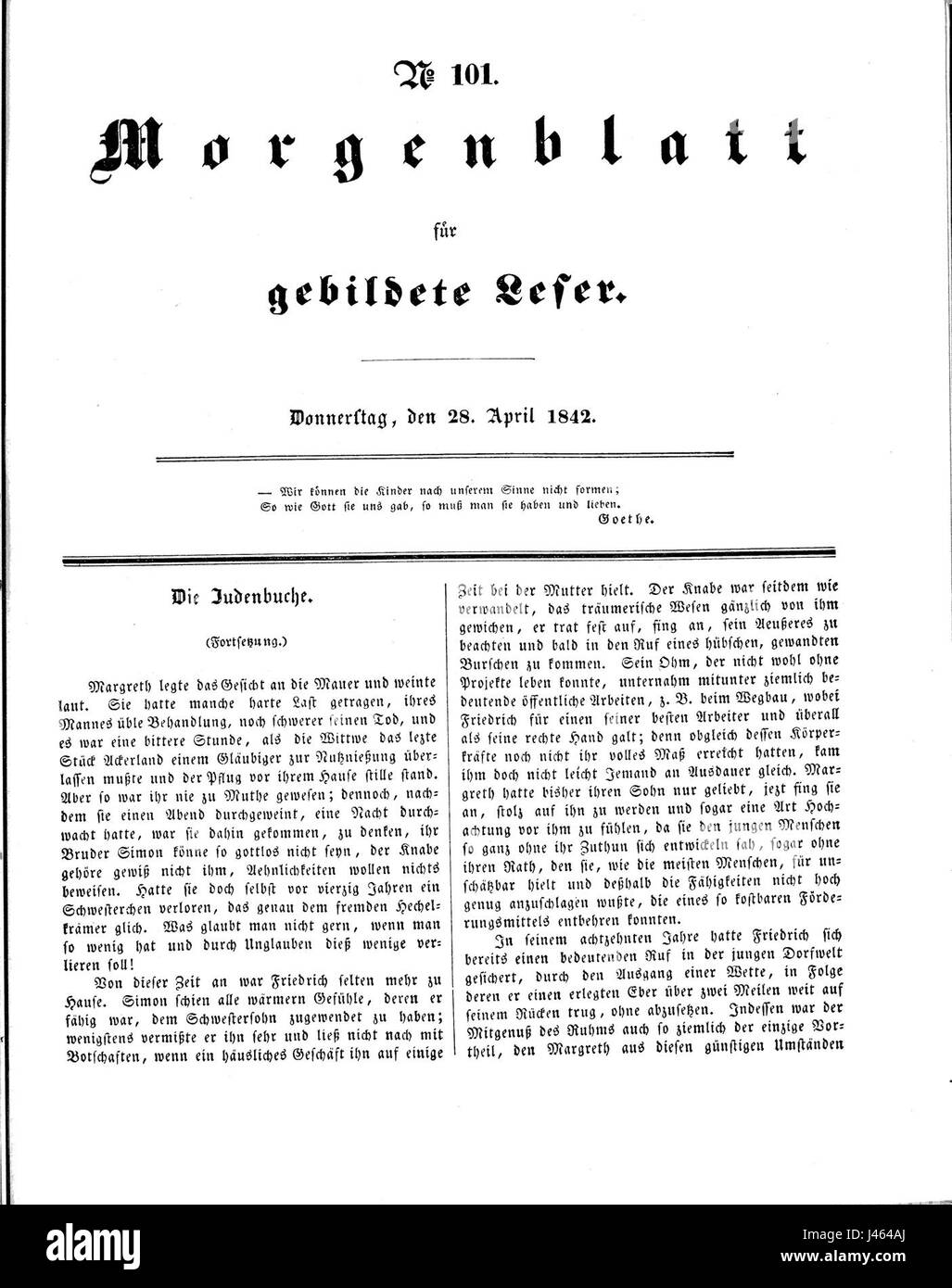 Le Morgenblatt fÃ¼r gebildete Leser est un journal littéraire et culturel allemand publié pour la première fois en 1842. Il visait à informer et divertir des lecteurs instruits avec divers sujets, y compris l'art, la littérature et la science. Banque D'Images