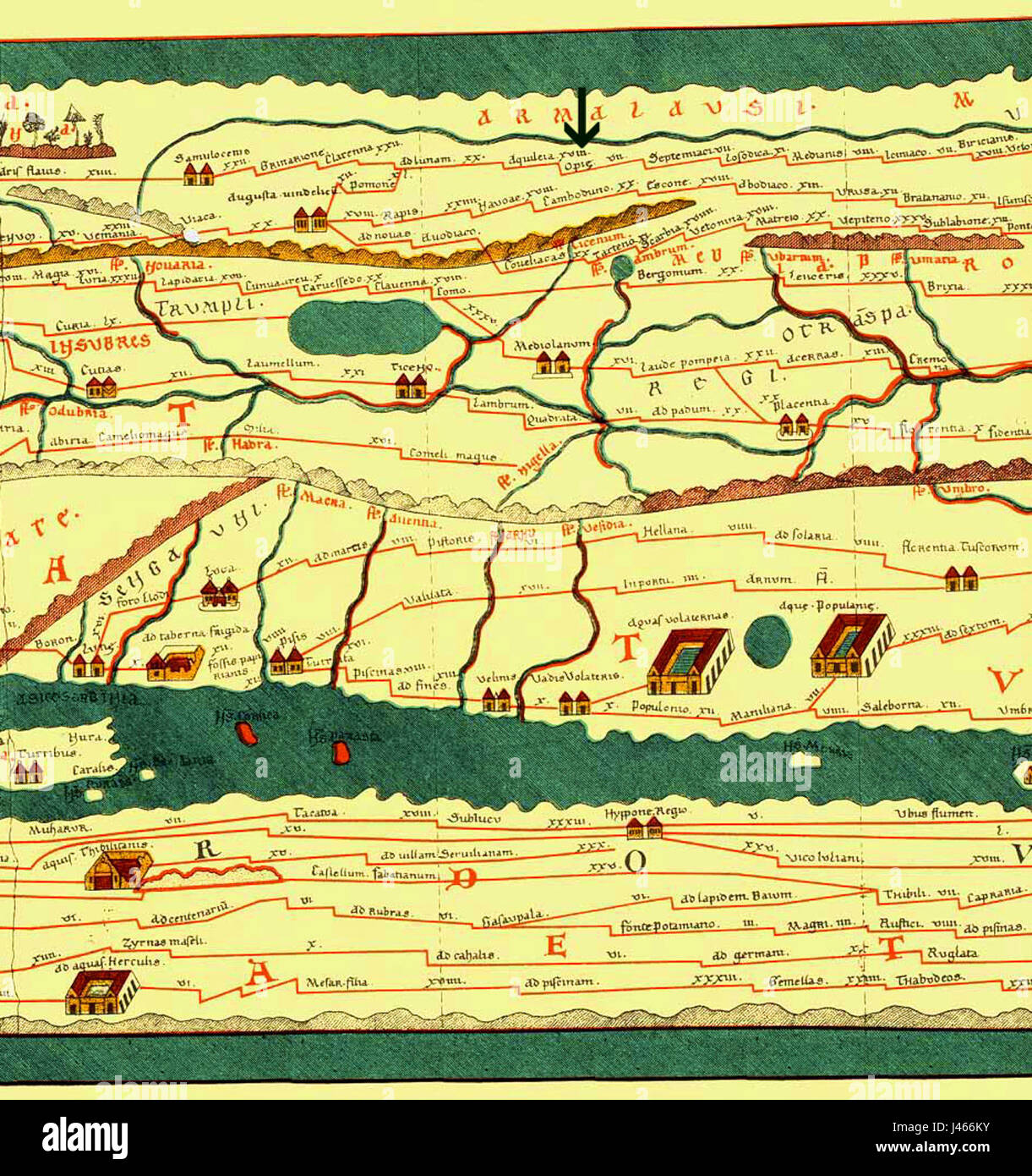 *Tabula Peutingeriana* (ORL 67b) est une carte romaine du monde connu, datant du IVe siècle de notre ère. Cette carte parchemin fournit des réseaux routiers détaillés et des informations géographiques à travers l'Empire romain. Banque D'Images