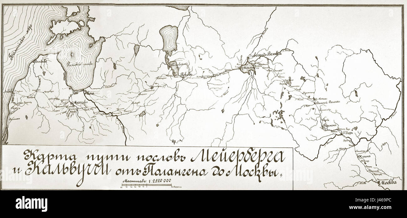 Une carte de voyage créée par Meyerberg, détaillant les itinéraires géographiques et les points de repère du XVIIIe siècle. La carte fournit des informations sur les pratiques de voyage et la compréhension géographique de la période de temps. Banque D'Images
