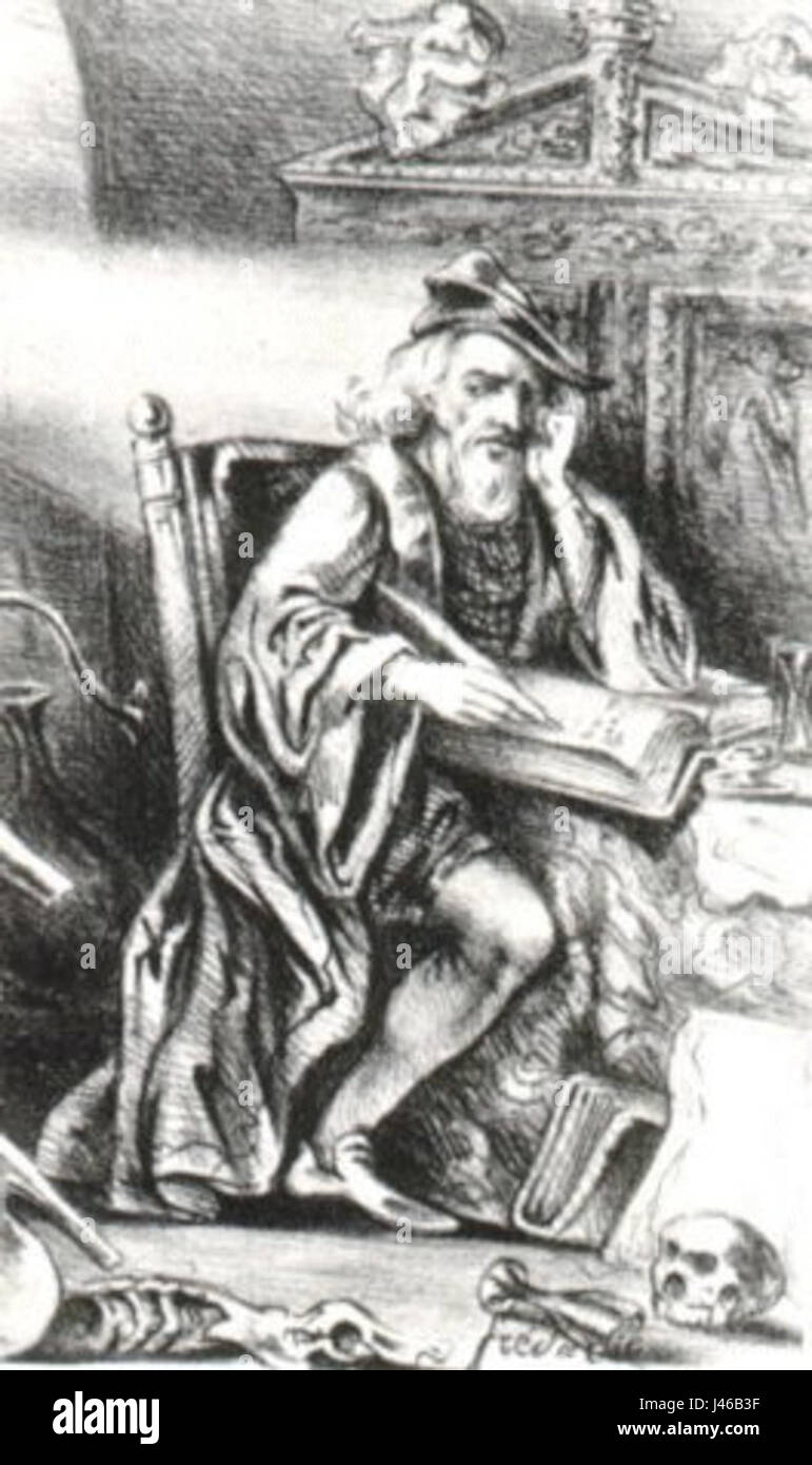 Nicolas Flamel, personnage historique surtout connu pour ses activités alchimiques, est souvent romancé dans la littérature comme un personnage mystique et légendaire, symbolisant la poursuite de l'immortalité et de la sagesse. Banque D'Images