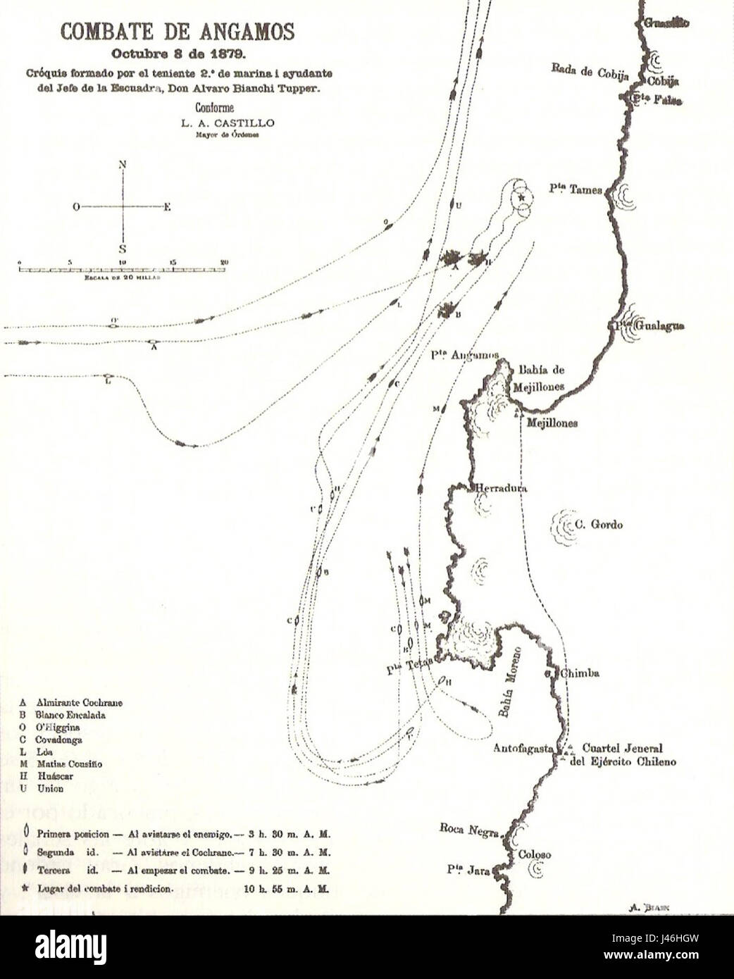 La bataille navale d'Angamos est un conflit important pendant la guerre du Pacifique, qui oppose le Chili et le Pérou en 1879. Il a marqué un moment charnière dans l'histoire navale de la région. Banque D'Images