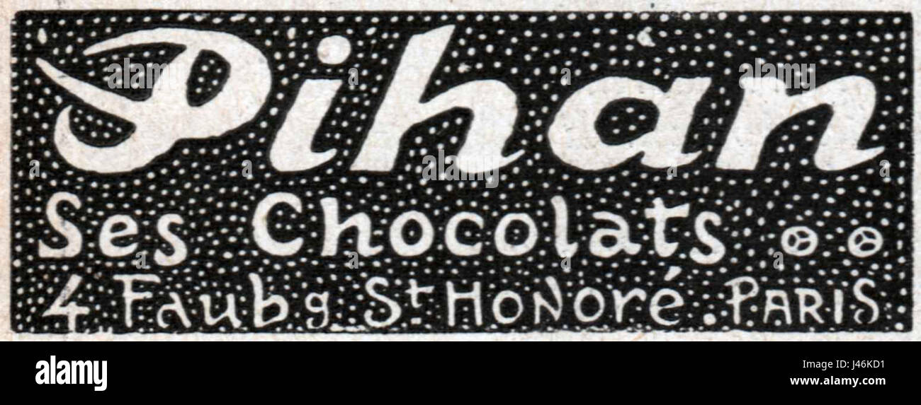 Une publicité historique pour Pihan Chocolates, probablement un article marketing du début du XXe siècle mettant en valeur les offres de la marque. Banque D'Images