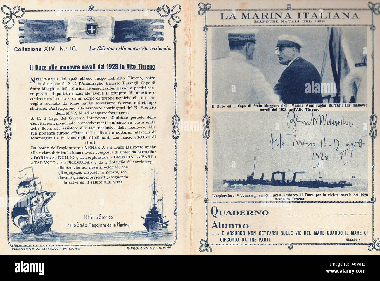 La Marina Mussolini Quaderno de 1928 fait référence à un ensemble de cahiers ou de documents émis sous le régime fasciste de Benito Mussolini. Ces documents documentent les politiques maritimes et l'histoire navale de l'Italie pendant la direction de Mussoliniâ€™, reflétant les ambitions militaires de nationâ€™ au début du XXe siècle. Banque D'Images