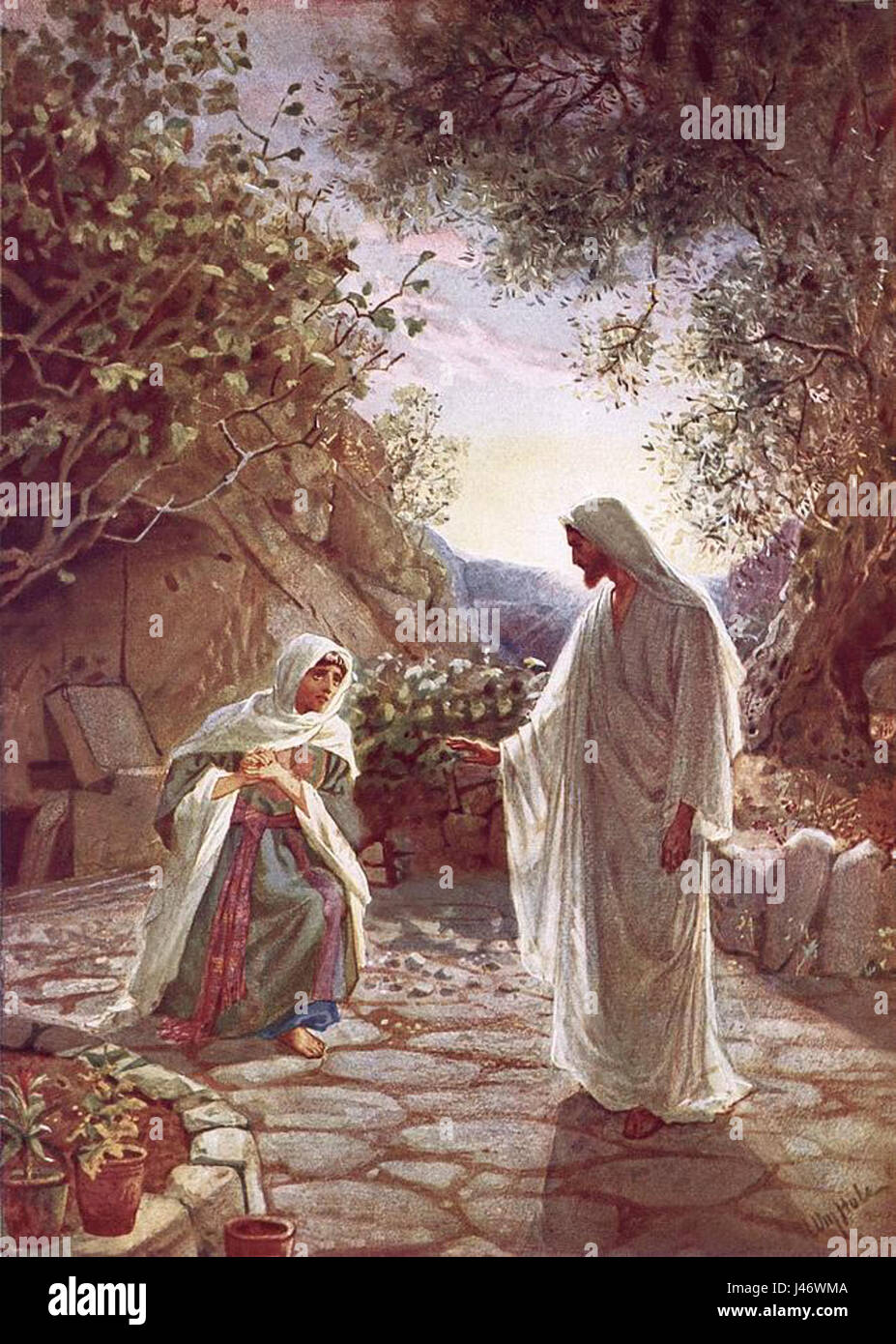 'Noli me tangere' de William Brassey Hole est une peinture célèbre représentant une scène biblique. Le titre, qui se traduit par 'ne me touche pas', est une référence à un moment dans le Nouveau Testament où Christ parle à Marie-Madeleine. Banque D'Images