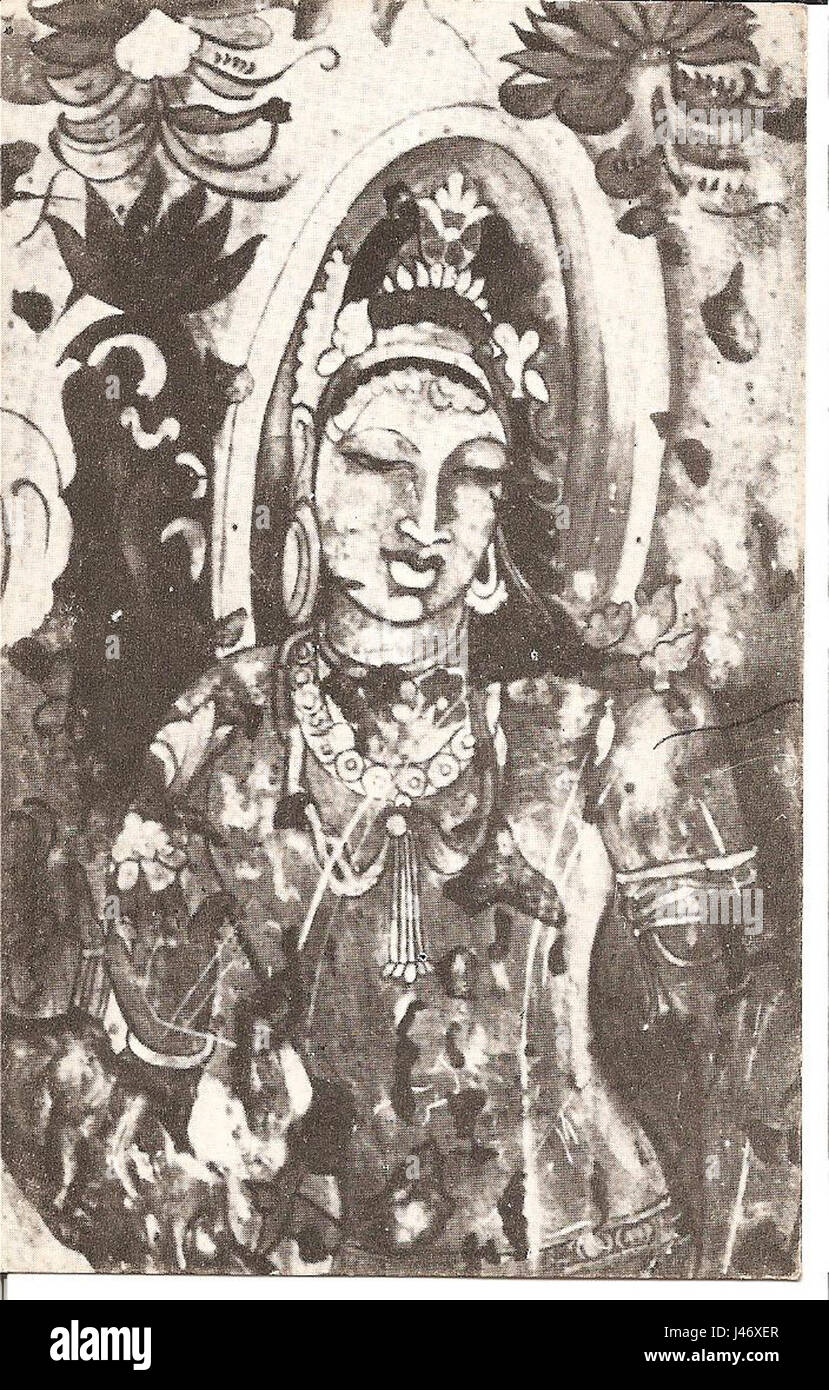 La peinture de la grotte 2 de Bagh représente un Bodhisattva, un être éclairé dans le bouddhisme Mahayana. L'œuvre d'art fait partie des anciennes grottes de Bagh en Inde, qui contiennent d'importantes peintures murales et sculptures bouddhistes datant du Ve siècle. La peinture Bodhisattva est un exemple du riche patrimoine artistique bouddhiste de l'époque. Banque D'Images