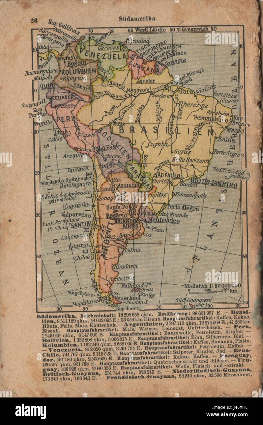 Ce titre fait référence à une carte historique de l'Amérique du Sud, présentée en allemand. Il reflète la configuration politique ou géographique du continent au cours d'une période donnée, probablement avant des changements majeurs de frontières ou d'entités politiques. Banque D'Images