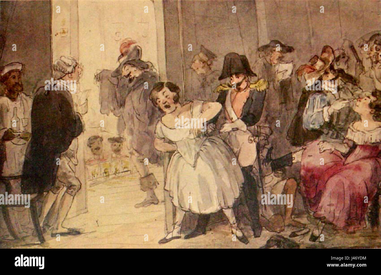 Our Theatricals est un dessin animé de Leonard Raven-Hill, publié dans le magazine Punch le 4 mai 1904. Il dépeint avec humour une scène théâtrale où les cabrioles en coulisses, y compris un joueur de cornet non préparé, perturbent la performance, mettant en évidence le chaos comique en coulisses. Banque D'Images