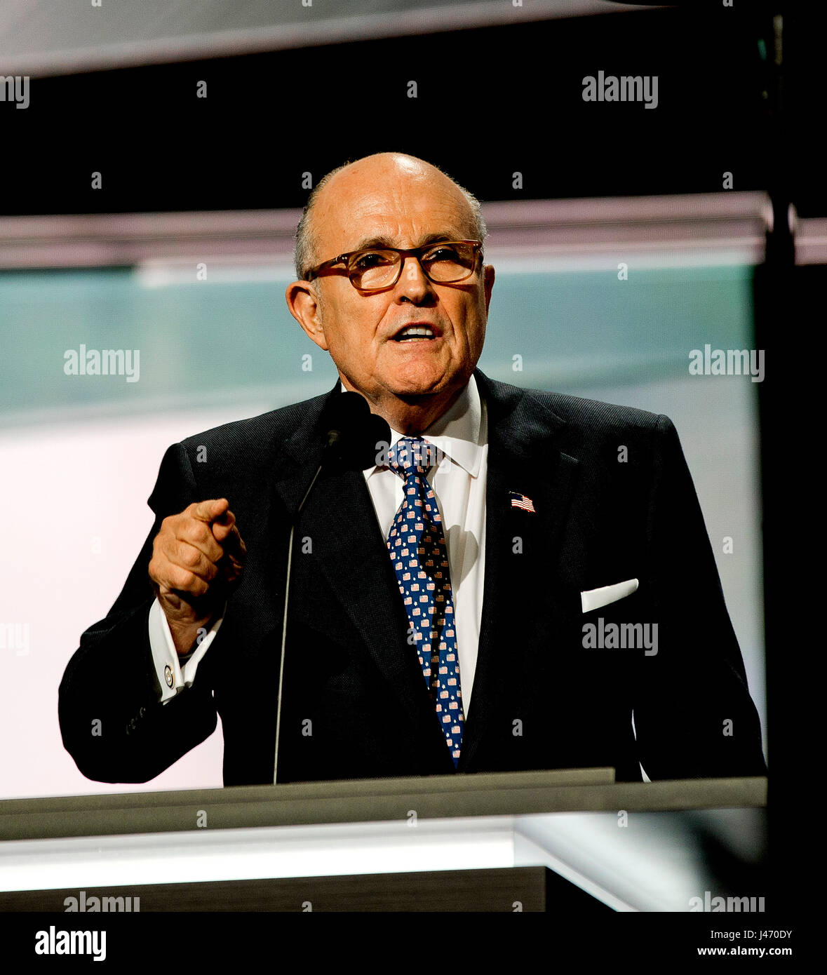 L'ancien maire de New York Rudy Giuliani traite de la Convention nationale de nomination républicaine dans l'arène de sports Quicken Cleveland Ohio, 18 juillet 2016. Photo par Mark Reinstein Banque D'Images