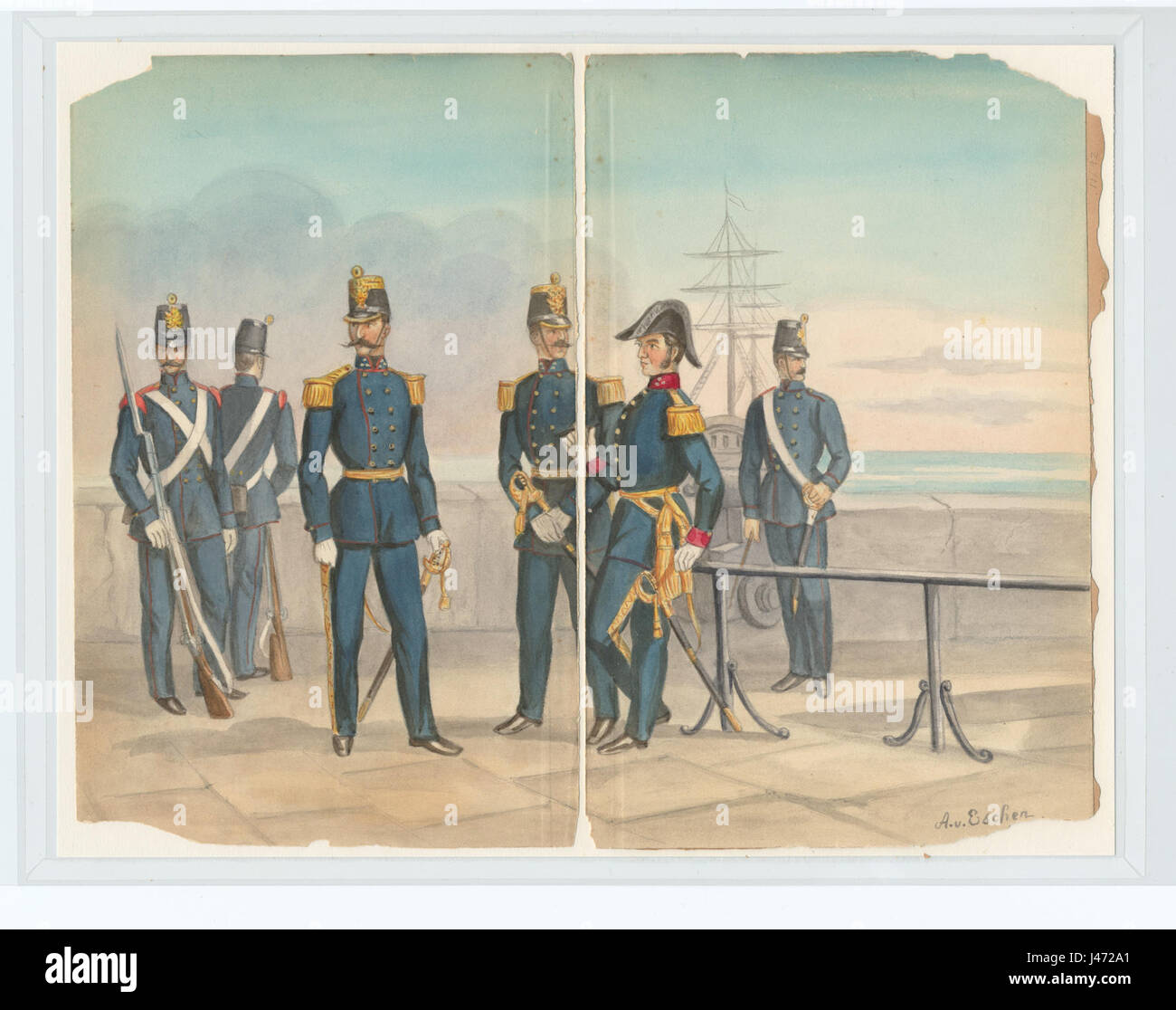 Une photographie historique d'un bataillon d'infanterie marine, montrant le personnel militaire et leur rôle dans les opérations navales, soulignant l'importance des forces d'infanterie dans la stratégie navale. Banque D'Images