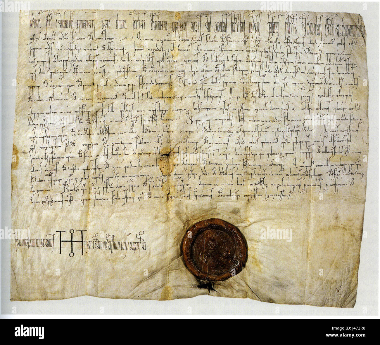 Il s'agit d'une lettre écrite par Otton le Grand en 968. Otton Ier était un empereur romain germanique, et la lettre concerne probablement des questions politiques ou administratives de l'époque. Banque D'Images