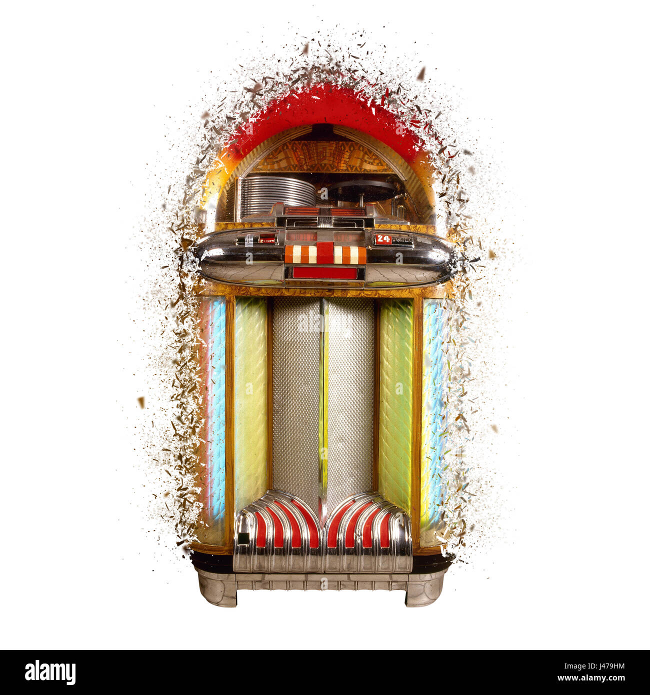 Vieux jukebox music player a explosé sur fond blanc Banque D'Images