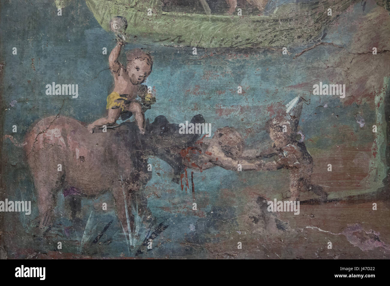 La lutte contre l'Hippopotame pygmées. Détail de la fresque des Pygmées Banquet trouvées dans l'été triclinium (salle à manger) romain dans la Casa del medico à Pompéi (50-79 AD) sur l'affichage dans le secret du Cabinet (Gabinetto Segreto) dans le Musée Archéologique National de Naples, Campanie, Italie. L'hippopotame pygmée dévorant un Pygmée, tandis qu'une seconde à l'arrière de l'animal, tente de libérer son compagnon de ses mâchoires en la frappant avec un pichet. Banque D'Images