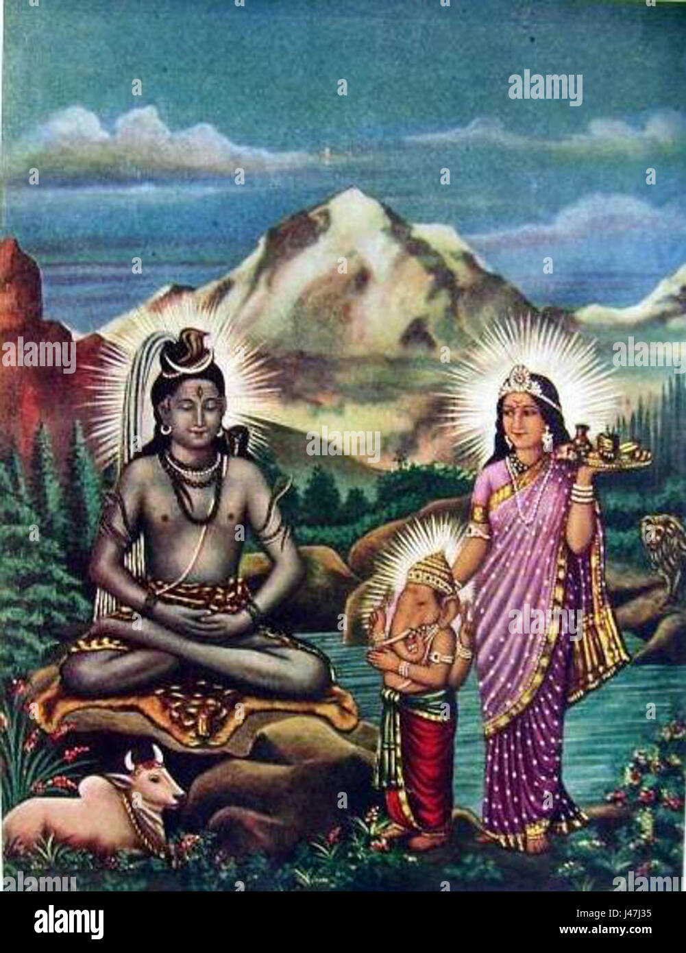 L'image représente les dieux hindous Parvati et Ganesh visitant le Seigneur Shiva alors qu'il médite dans la forêt. Cette scène représente la dévotion spirituelle et les relations familiales dans la mythologie hindoue. Banque D'Images