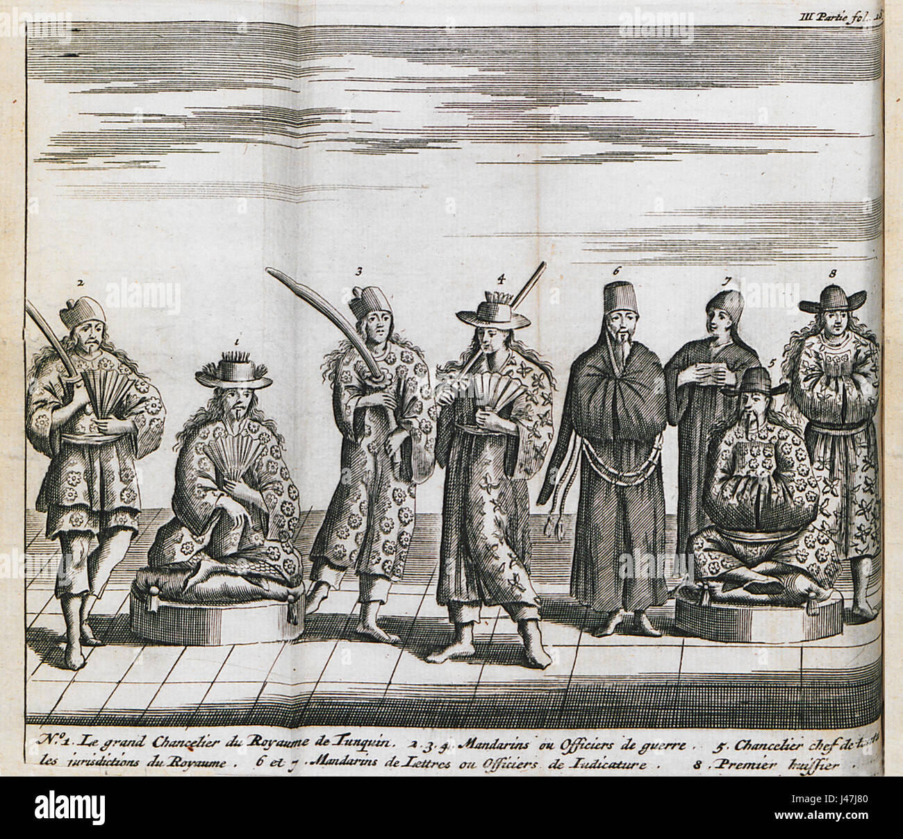 L'œuvre de Jean Baptiste Tavernier de 1692 présente des représentations du Grand Chancelier du Tonkin, ainsi que d'autres personnalités importantes, dont des mandarins et des officiers militaires. Il donne un aperçu de la hiérarchie et de la gouvernance vietnamiennes du XVIIe siècle. Banque D'Images