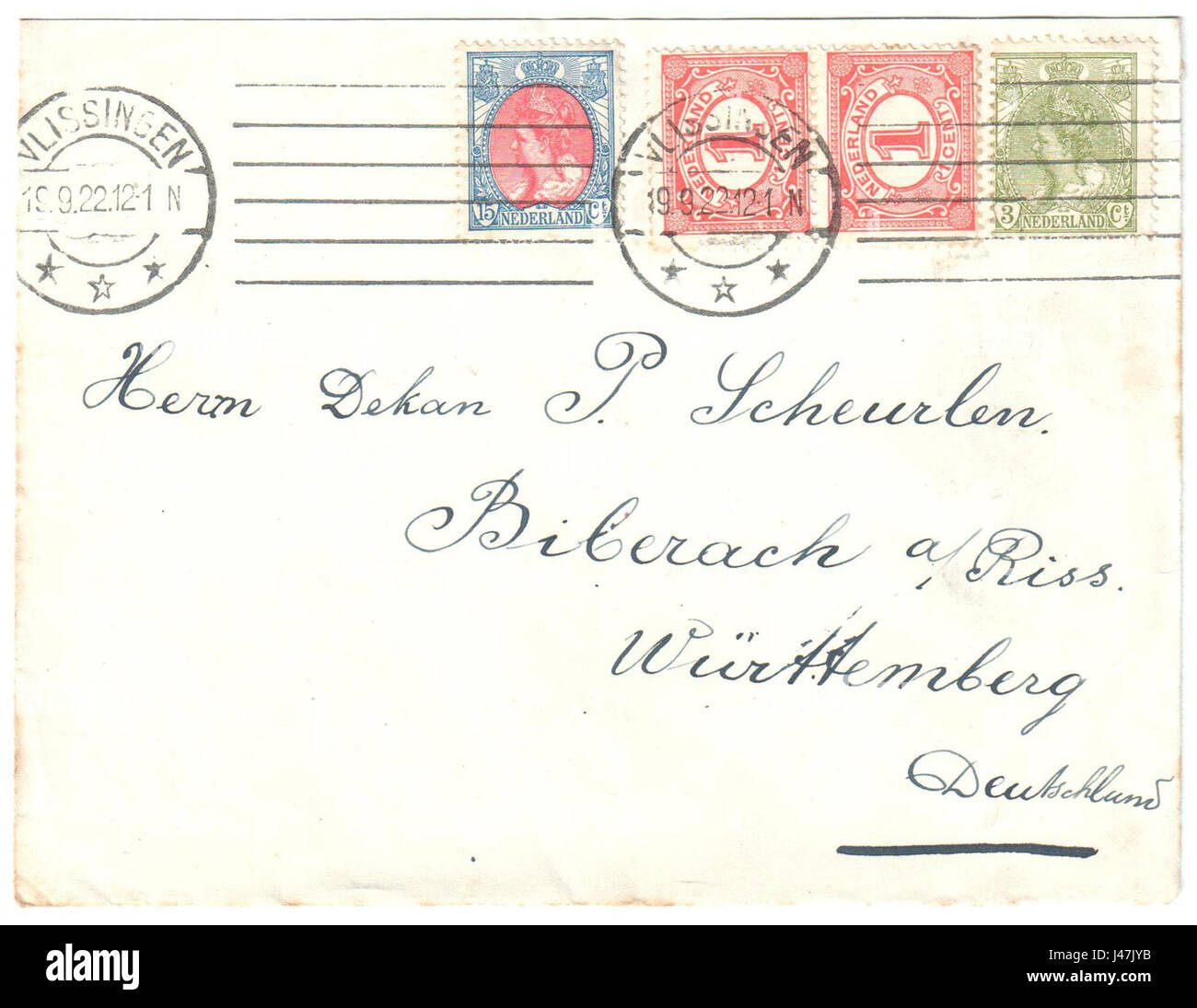 Il s'agit d'une couverture des pays-Bas du 19 septembre 1922. Il fait probablement partie de l'histoire postale, montrant l'utilisation des systèmes de courrier et le contexte culturel de cette période aux pays-Bas. Banque D'Images